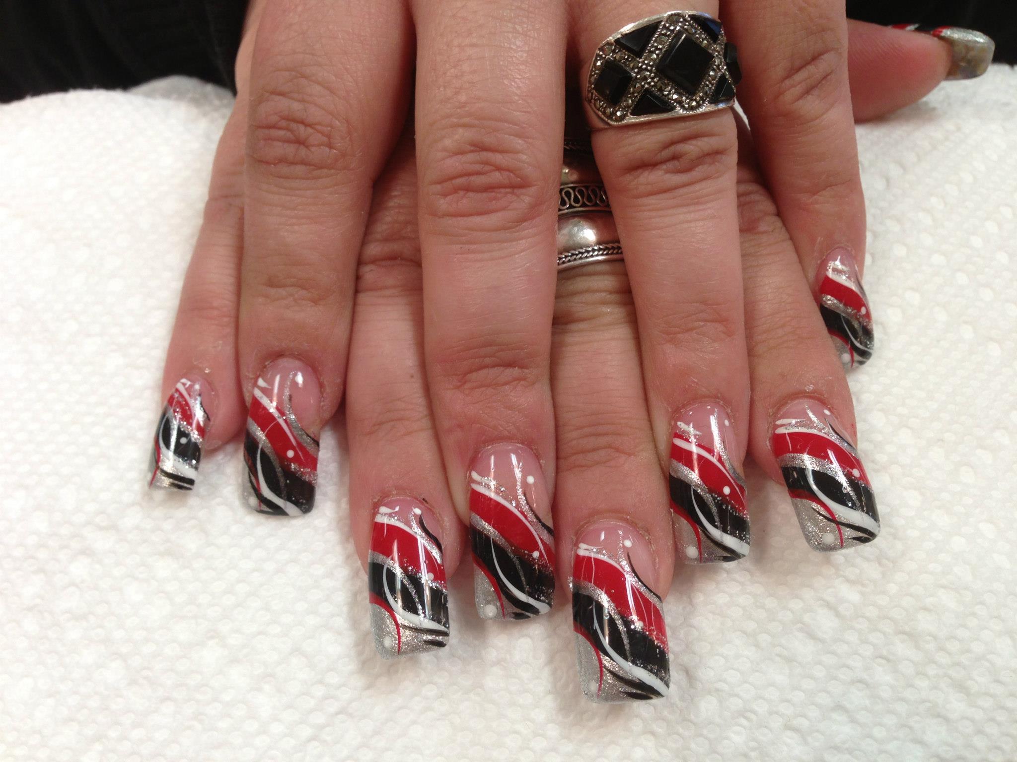 Red and Black Plaid Nail Design with Silver Studs - wide 8
